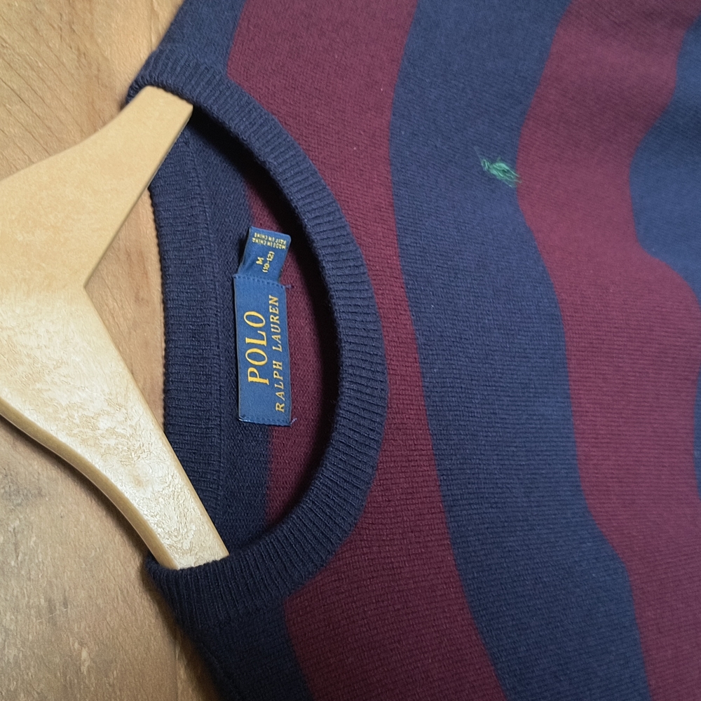 Polo Ralph Lauren 100% Wool Rugby Striped Crew Neck Sweater Med 10-12 Boys - Picture 2 of 16